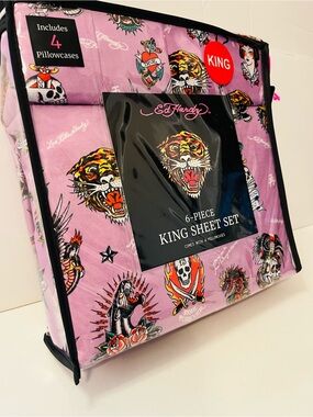 Ed Hardy King Size Sheet Set Purple Tiger Skull Geisha Panther Roses 13 Eagle